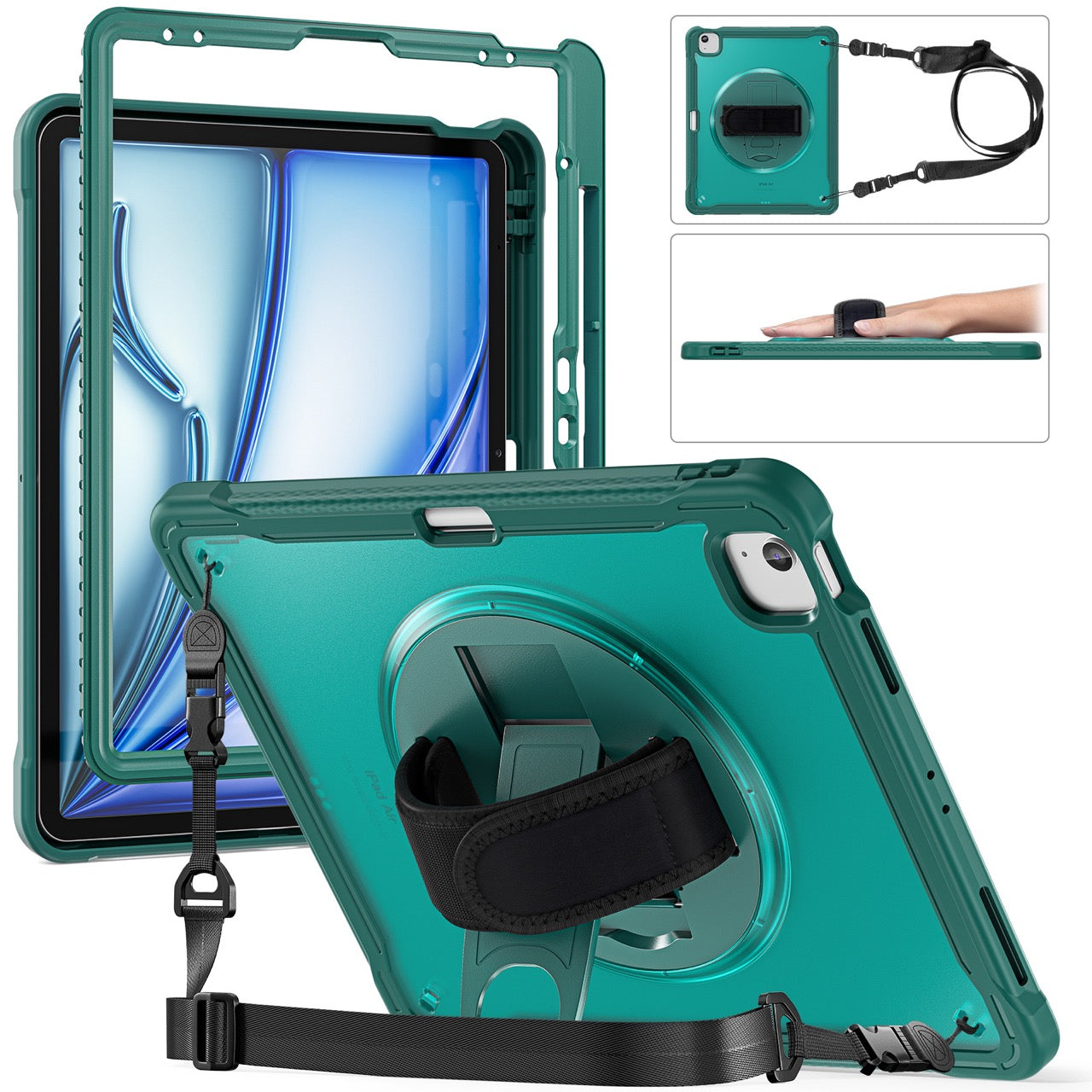 iPad Air 13" Rugged Case (M2/M3/M4) - 360° Stand, Hand & Shoulder Strap - Shockproof - Green