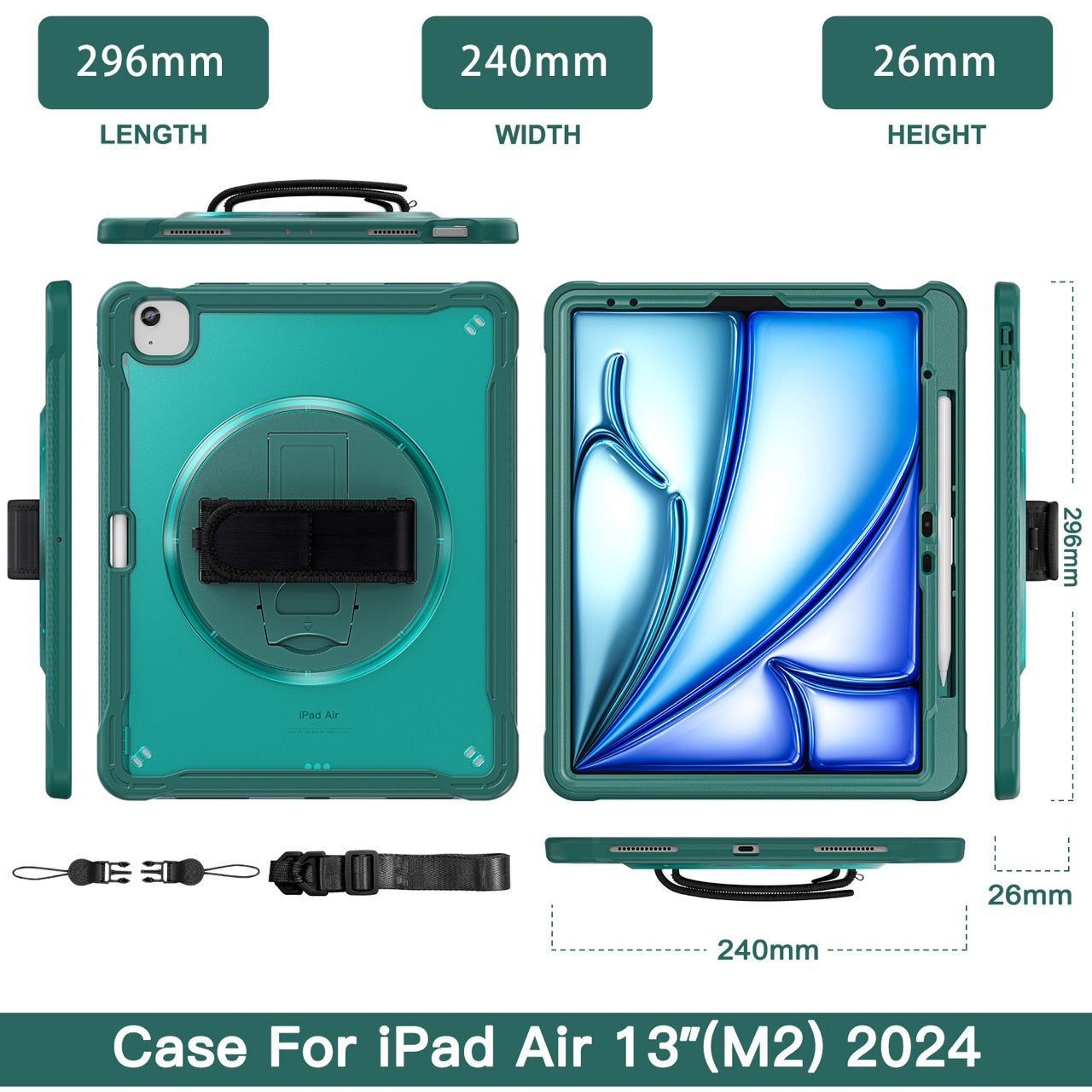 iPad Air 13" Rugged Case (M2/M3/M4) - 360° Stand, Hand & Shoulder Strap - Shockproof - Green