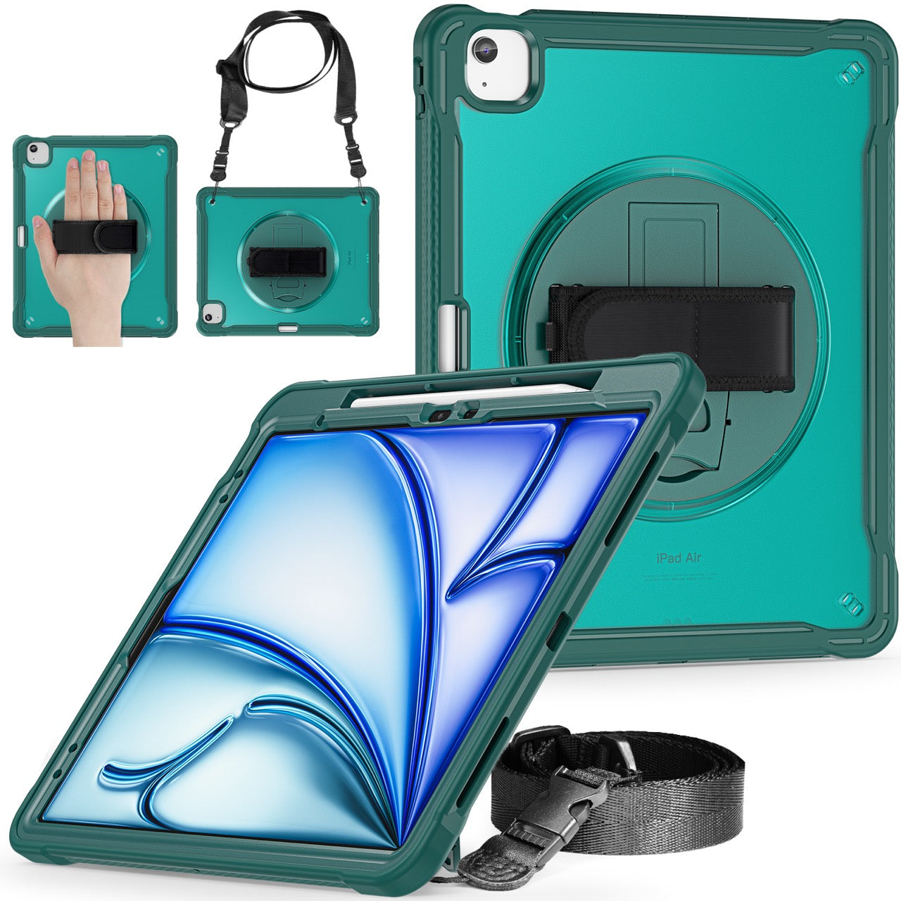 iPad Air 13" Rugged Case (M2/M3/M4) - 360° Stand, Hand & Shoulder Strap - Shockproof - Green