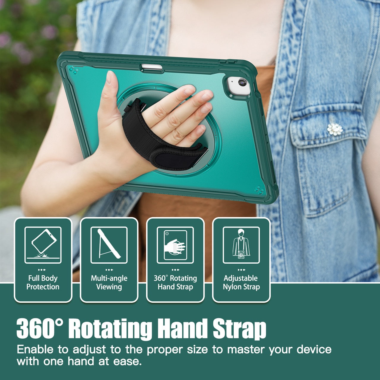 iPad Air 13" Rugged Case (M2/M3/M4) - 360° Stand, Hand & Shoulder Strap - Shockproof - Green