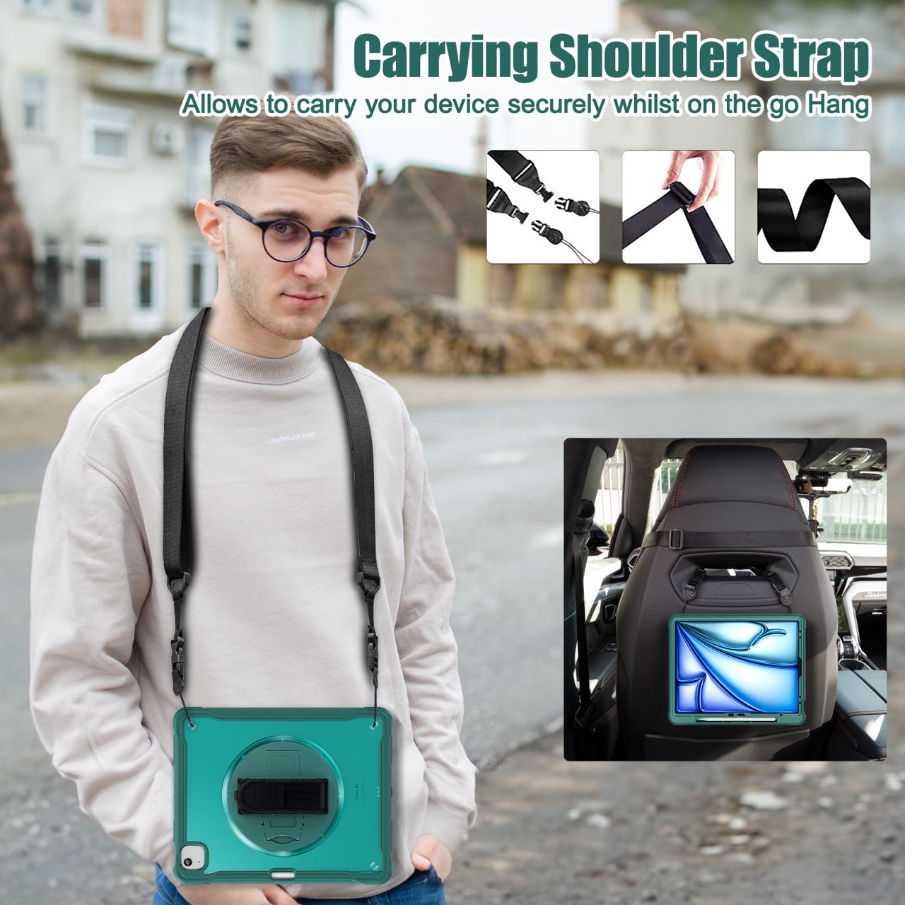 iPad Air 13" Rugged Case (M2/M3/M4) - 360° Stand, Hand & Shoulder Strap - Shockproof - Green