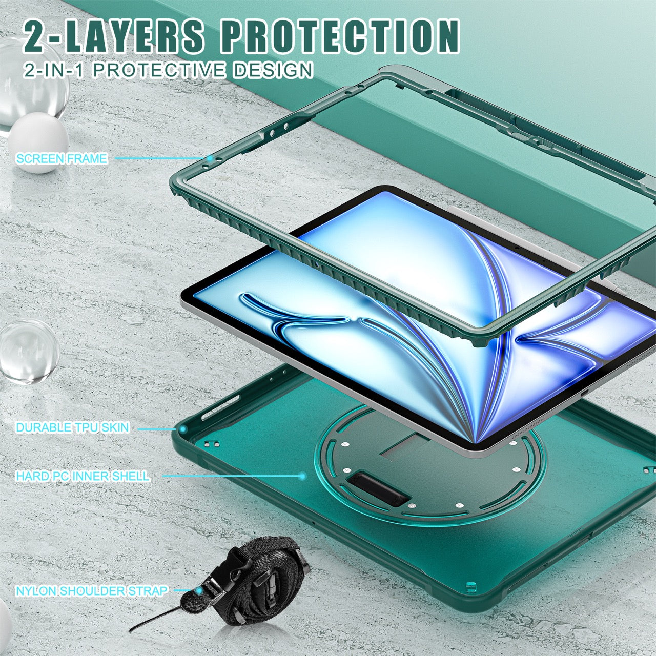 iPad Air 13" Rugged Case (M2/M3/M4) - 360° Stand, Hand & Shoulder Strap - Shockproof - Green