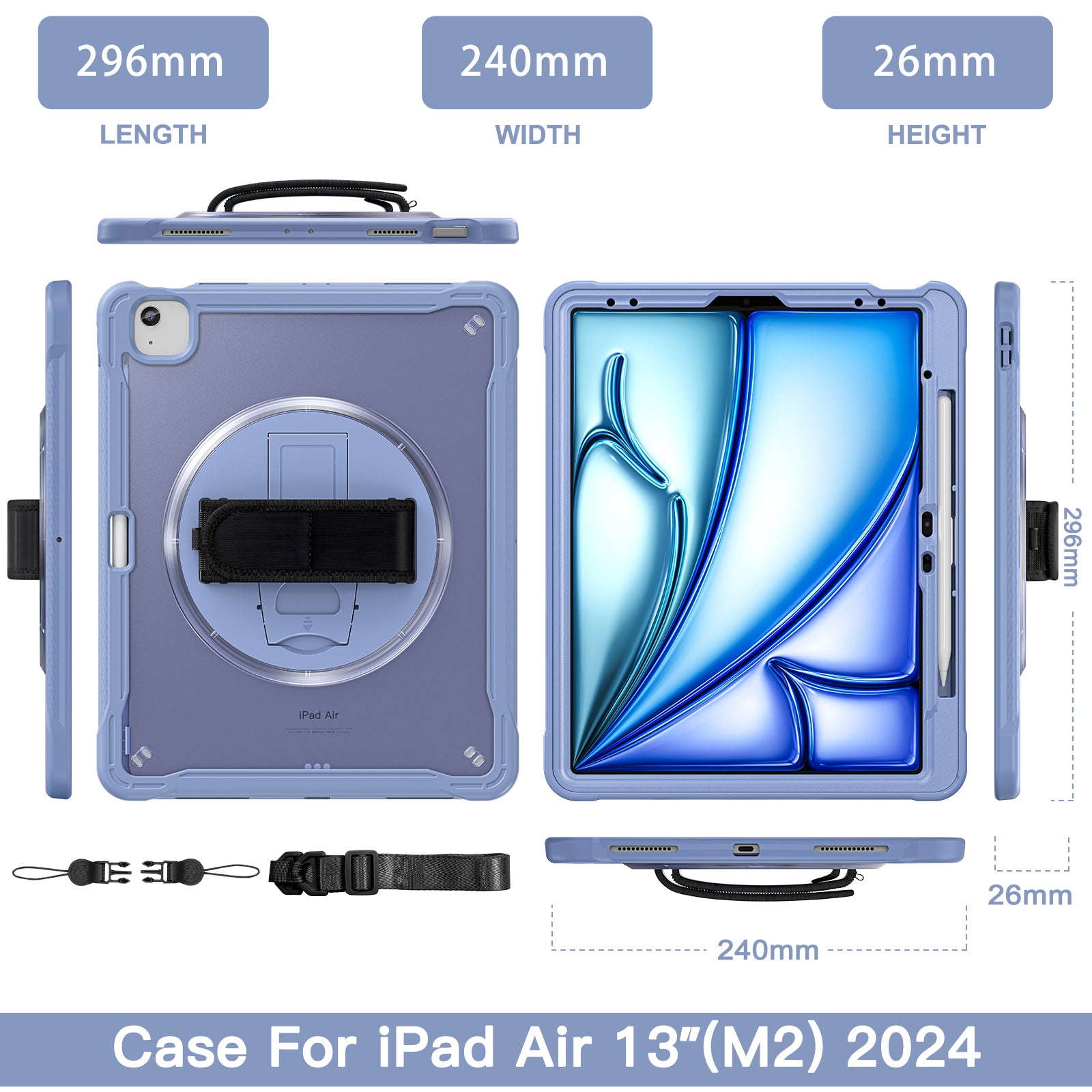 iPad Air 13" Rugged Case (M2/M3/M4) - 360° Stand, Hand & Shoulder Strap - Shockproof - Lavender