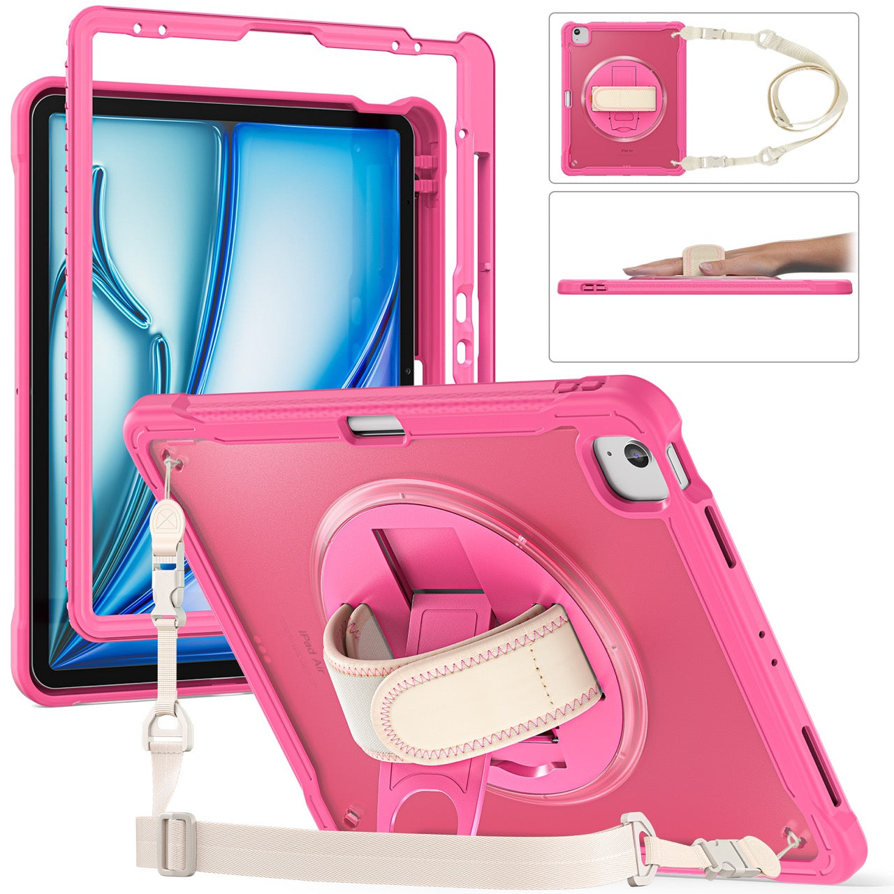 iPad Air 13" Rugged Case (M2/M3/M4) - 360° Stand, Hand & Shoulder Strap - Shockproof - Rose