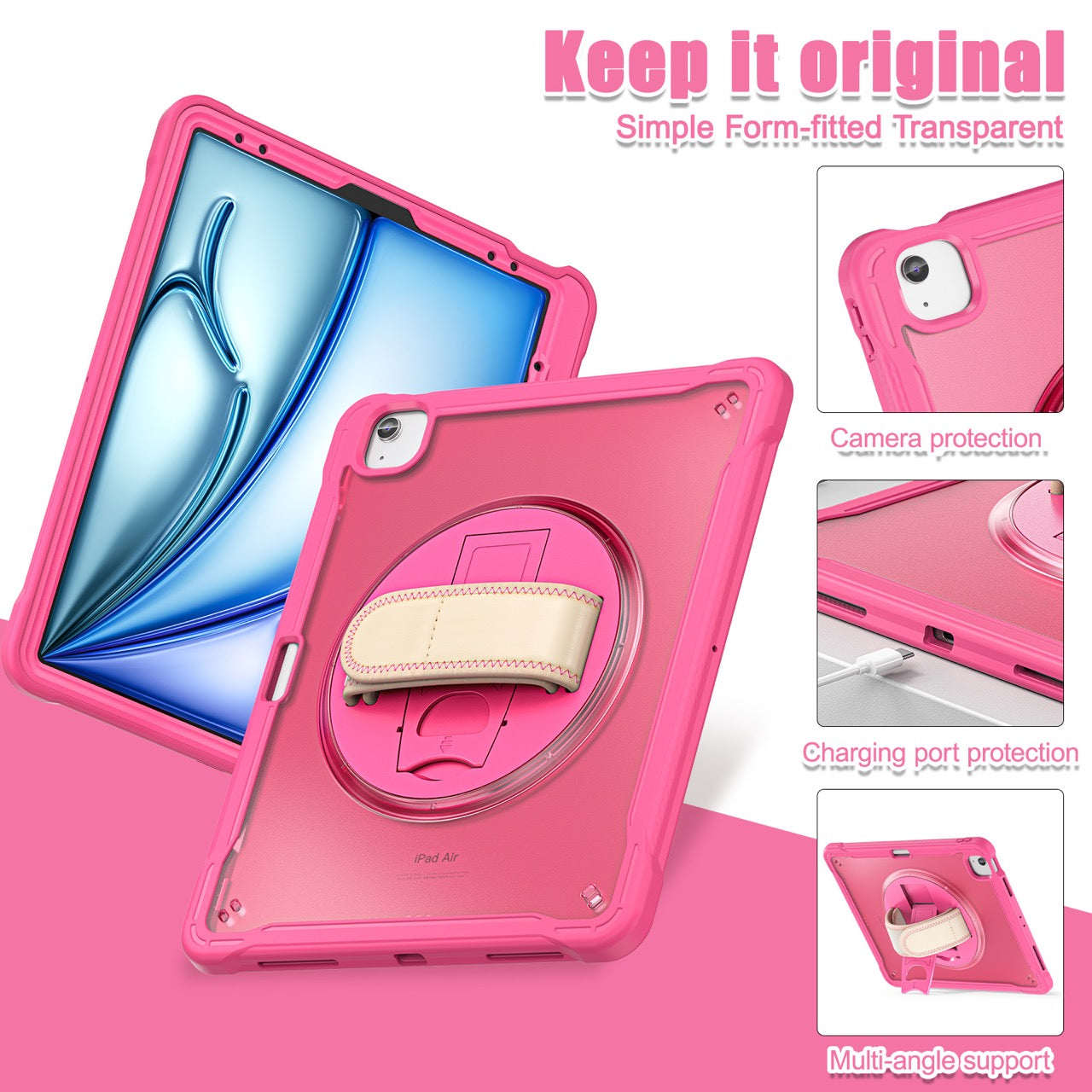 iPad Air 13" Rugged Case (M2/M3/M4) - 360° Stand, Hand & Shoulder Strap - Shockproof - Rose