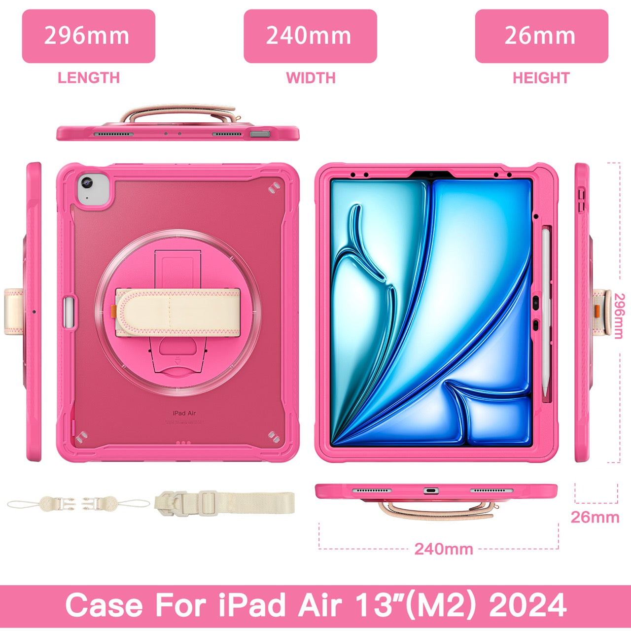 iPad Air 13" Rugged Case (M2/M3/M4) - 360° Stand, Hand & Shoulder Strap - Shockproof - Rose