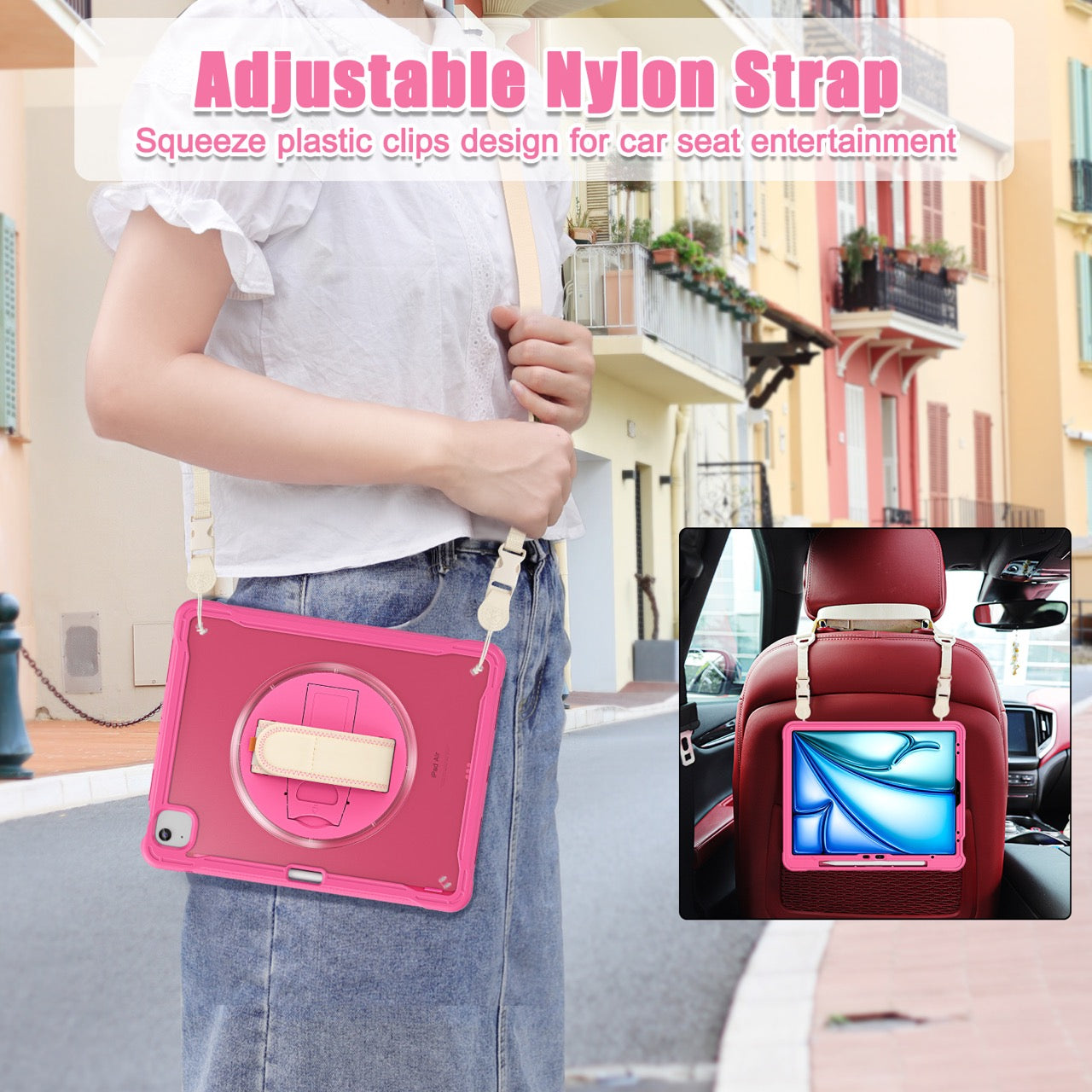 iPad Air 13" Rugged Case (M2/M3/M4) - 360° Stand, Hand & Shoulder Strap - Shockproof - Rose