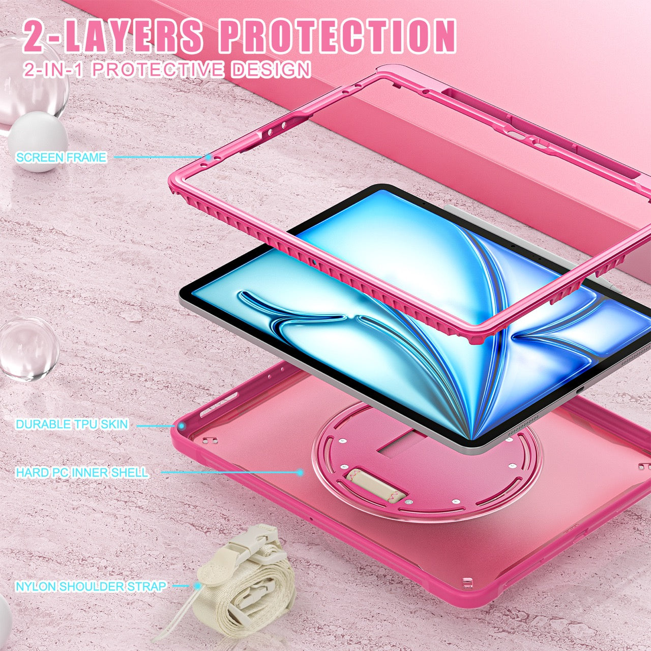 iPad Air 13" Rugged Case (M2/M3/M4) - 360° Stand, Hand & Shoulder Strap - Shockproof - Rose