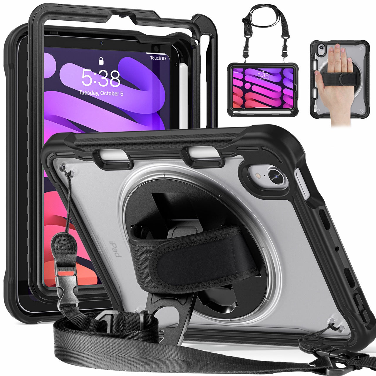 iPad Mini 6 / 7 (A17 Pro) Rugged Case - 360° Stand, Hand & Shoulder Strap - Shockproof - Black