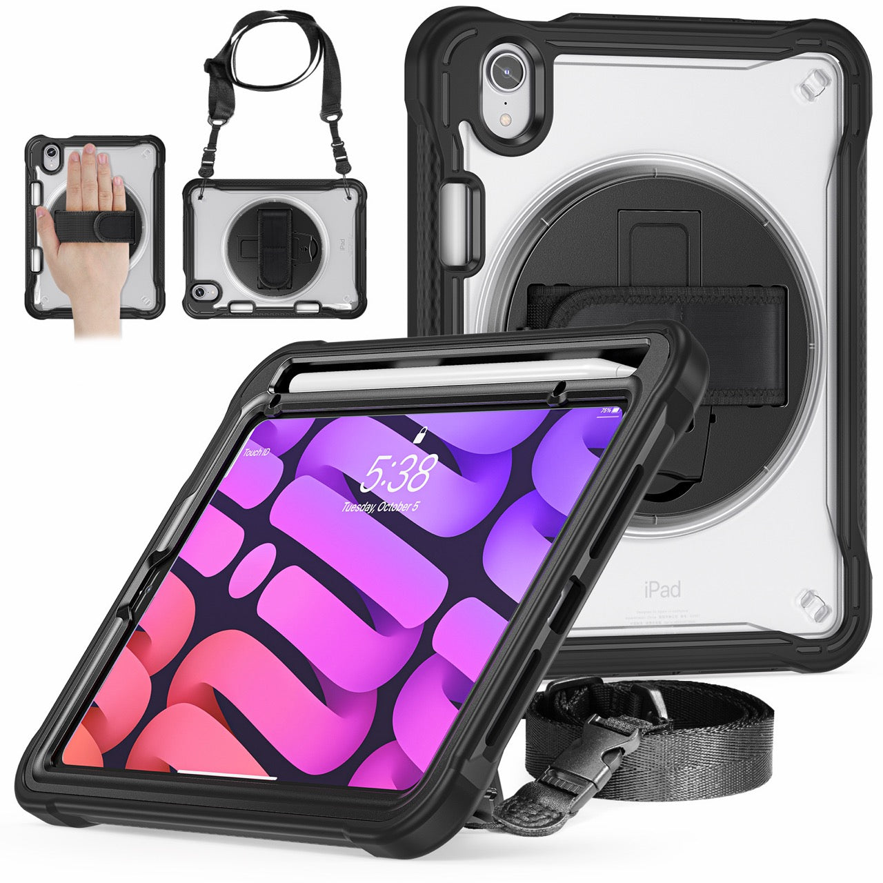 iPad Mini 6 / 7 (A17 Pro) Rugged Case - 360° Stand, Hand & Shoulder Strap - Shockproof - Black