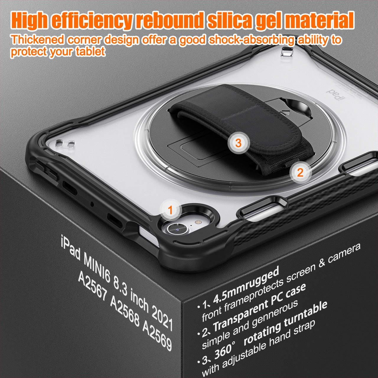 iPad Mini 6 / 7 (A17 Pro) Rugged Case - 360° Stand, Hand & Shoulder Strap - Shockproof - Black