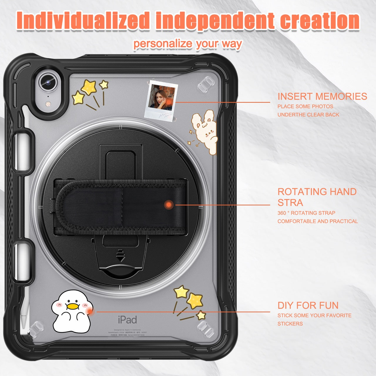 iPad Mini 6 / 7 (A17 Pro) Rugged Case - 360° Stand, Hand & Shoulder Strap - Shockproof - Black