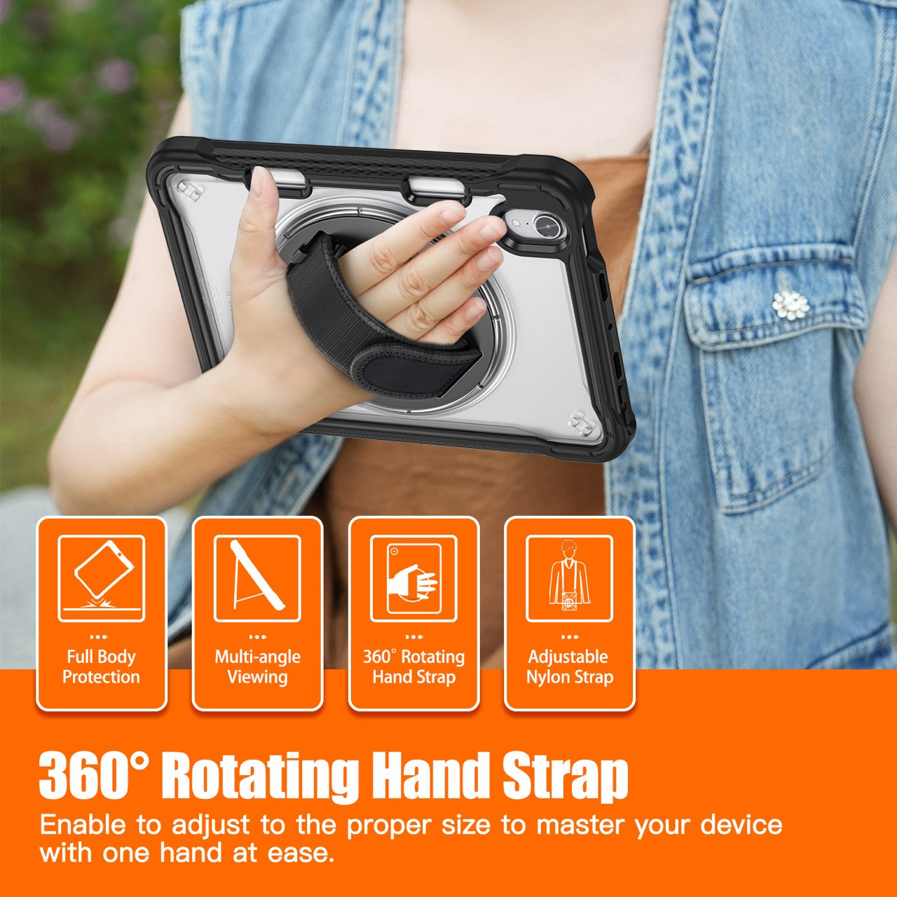 iPad Mini 6 / 7 (A17 Pro) Rugged Case - 360° Stand, Hand & Shoulder Strap - Shockproof - Black