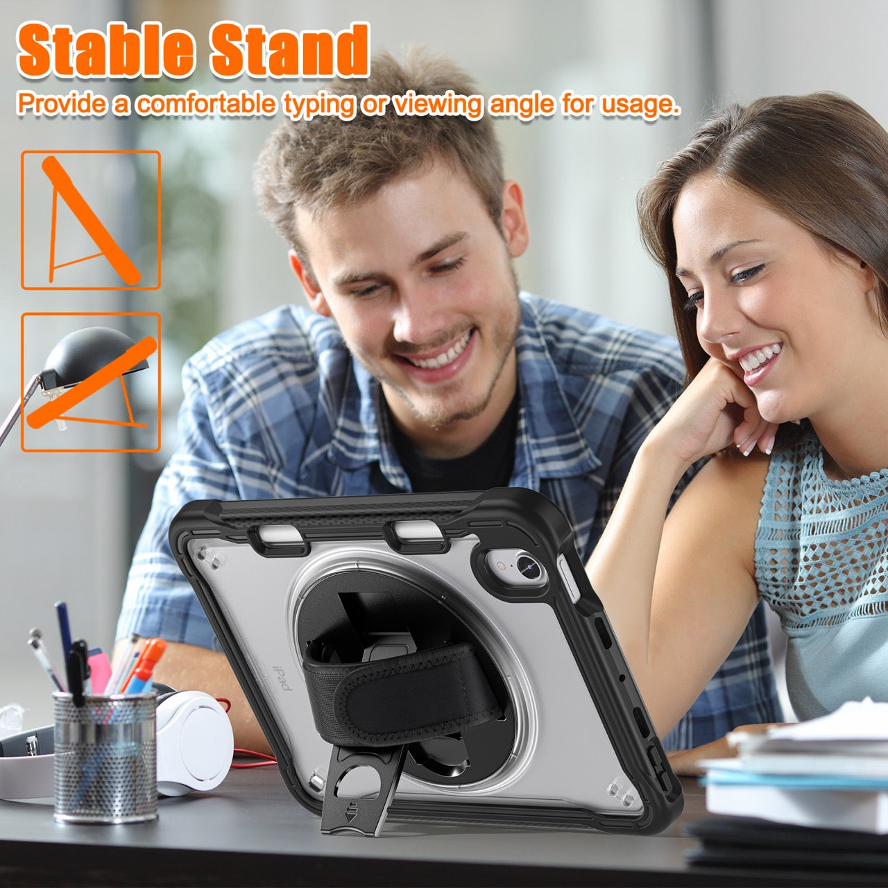 iPad Mini 6 / 7 (A17 Pro) Rugged Case - 360° Stand, Hand & Shoulder Strap - Shockproof - Black