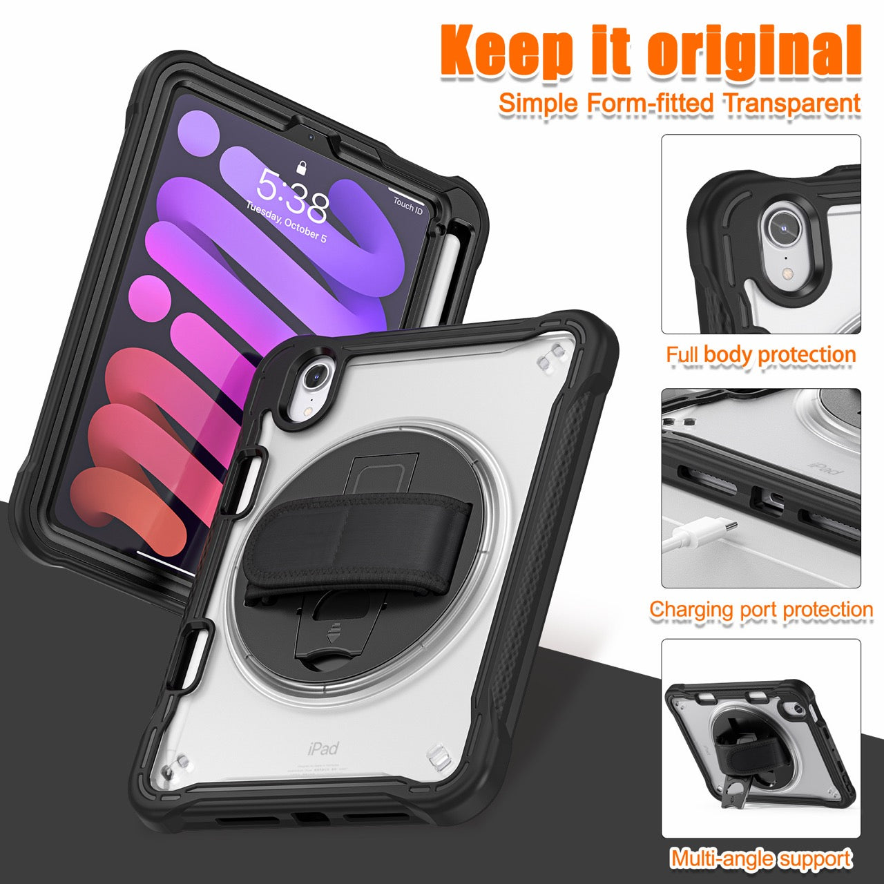 iPad Mini 6 / 7 (A17 Pro) Rugged Case - 360° Stand, Hand & Shoulder Strap - Shockproof - Black