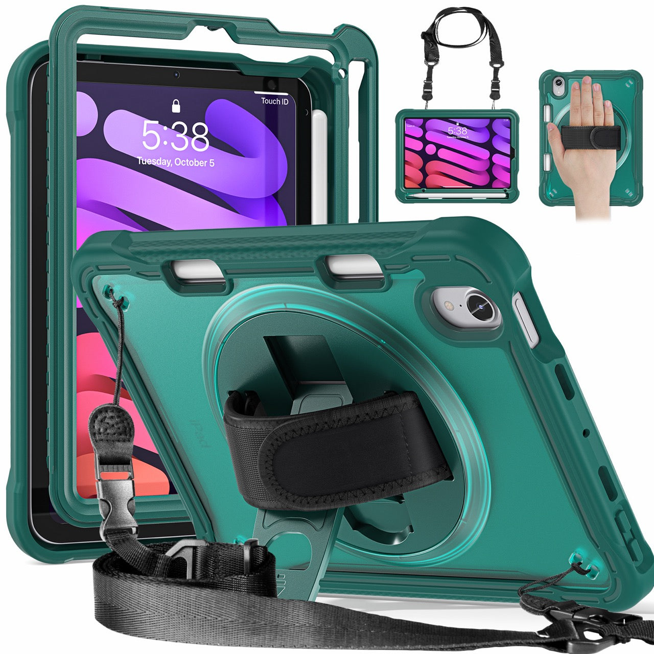 iPad Mini 6 / 7 (A17 Pro) Rugged Case - 360° Stand, Hand & Shoulder Strap - Shockproof - Green