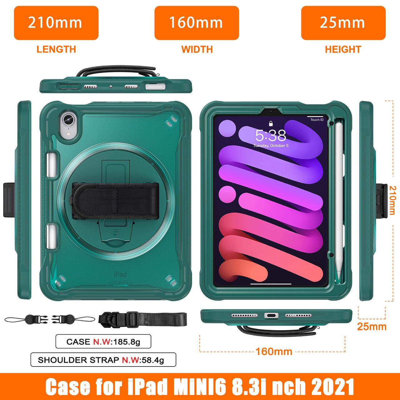iPad Mini 6 / 7 (A17 Pro) Rugged Case - 360° Stand, Hand & Shoulder Strap - Shockproof - Green