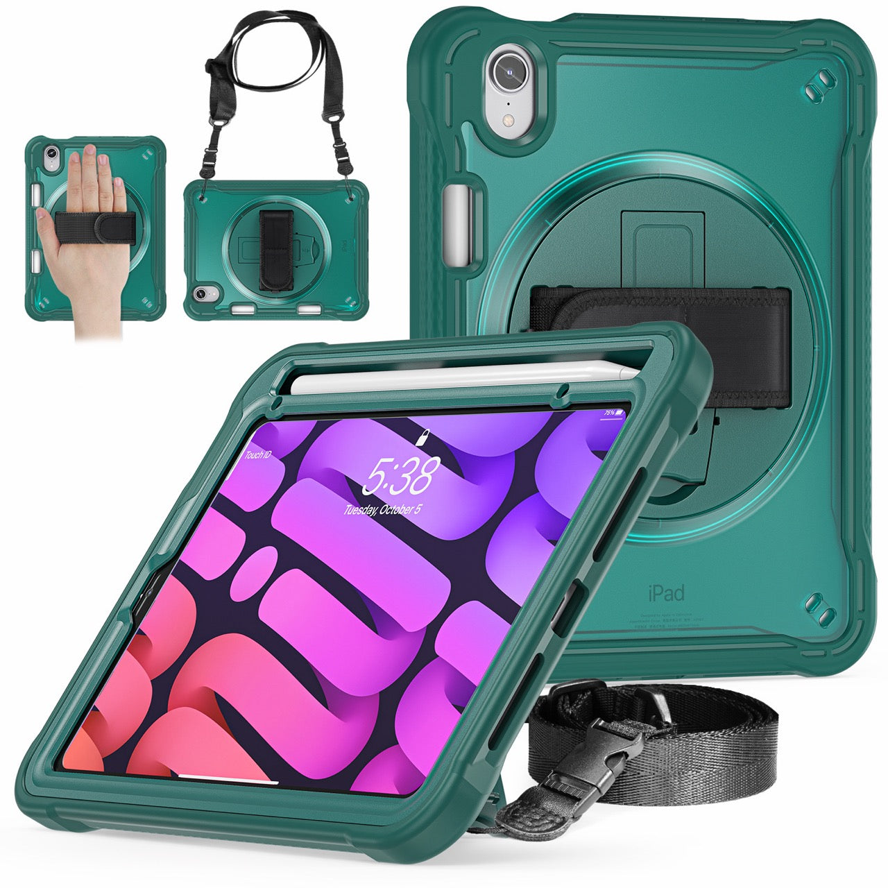 iPad Mini 6 / 7 (A17 Pro) Rugged Case - 360° Stand, Hand & Shoulder Strap - Shockproof - Green