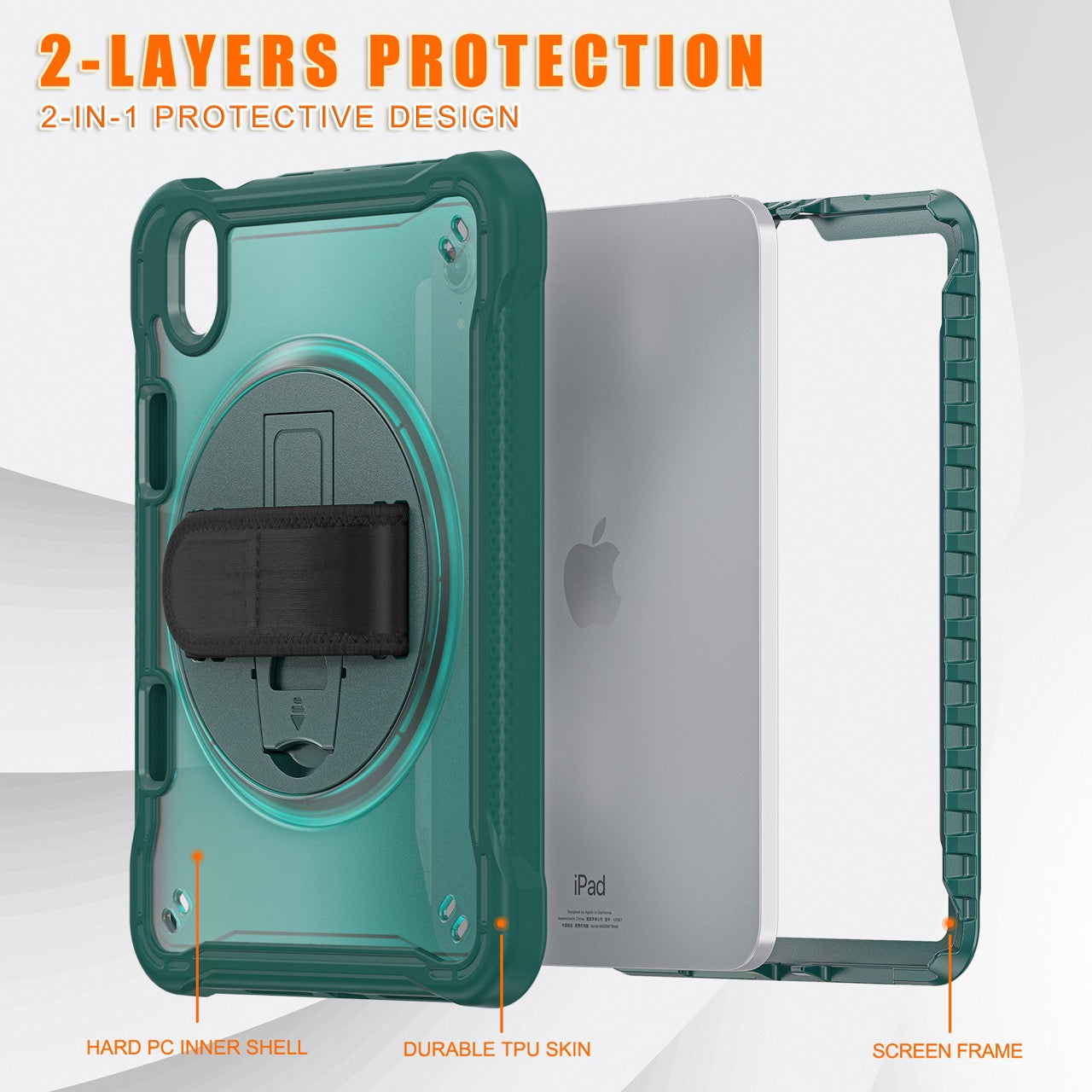iPad Mini 6 / 7 (A17 Pro) Rugged Case - 360° Stand, Hand & Shoulder Strap - Shockproof - Green
