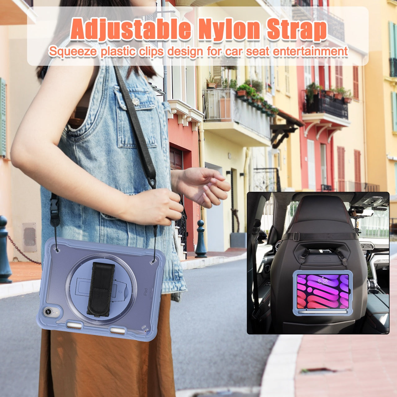 iPad Mini 6 / 7 (A17 Pro) Rugged Case - 360° Stand, Hand & Shoulder Strap - Shockproof - Lavender
