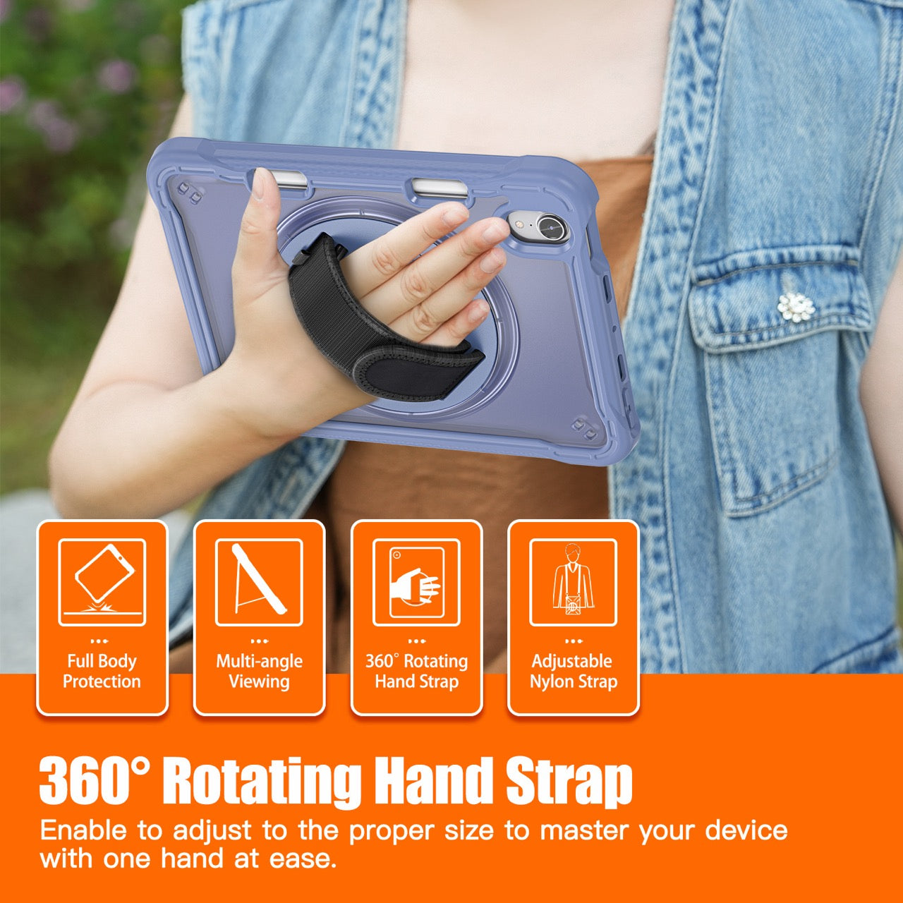 iPad Mini 6 / 7 (A17 Pro) Rugged Case - 360° Stand, Hand & Shoulder Strap - Shockproof - Lavender