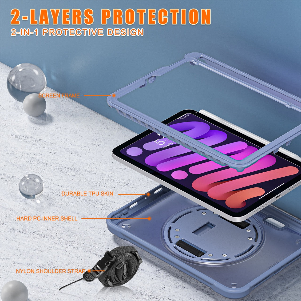 iPad Mini 6 / 7 (A17 Pro) Rugged Case - 360° Stand, Hand & Shoulder Strap - Shockproof - Lavender