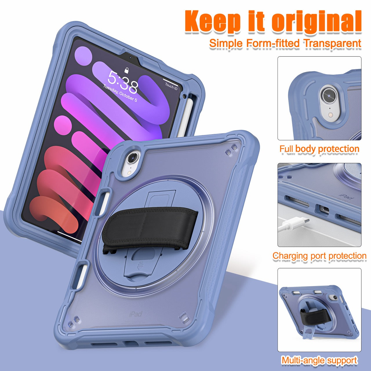 iPad Mini 6 / 7 (A17 Pro) Rugged Case - 360° Stand, Hand & Shoulder Strap - Shockproof - Lavender