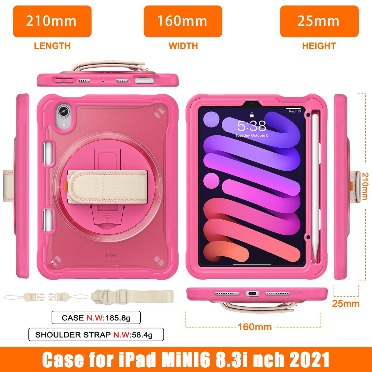 iPad Mini 6 / 7 (A17 Pro) Rugged Case - 360° Stand, Hand & Shoulder Strap - Shockproof - Rose
