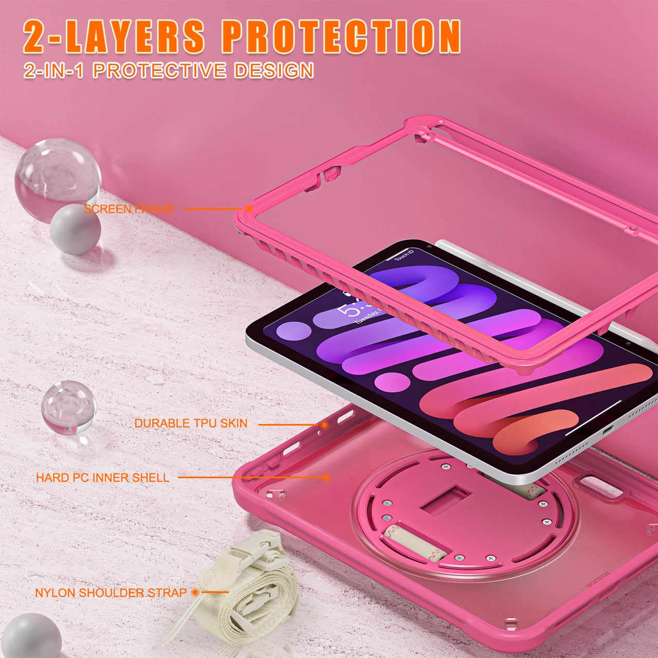 iPad Mini 6 / 7 (A17 Pro) Rugged Case - 360° Stand, Hand & Shoulder Strap - Shockproof - Rose