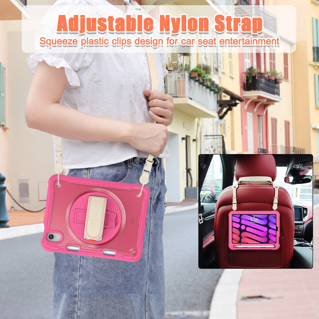 iPad Mini 6 / 7 (A17 Pro) Rugged Case - 360° Stand, Hand & Shoulder Strap - Shockproof - Rose