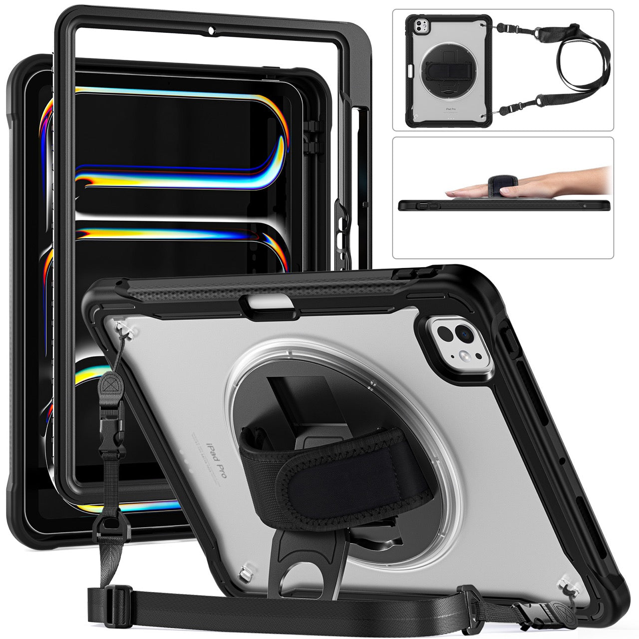 iPad Pro 11" Rugged Case (M5 2025 / M4 2024) - 360° Stand, Hand & Shoulder Strap - Shockproof - Black