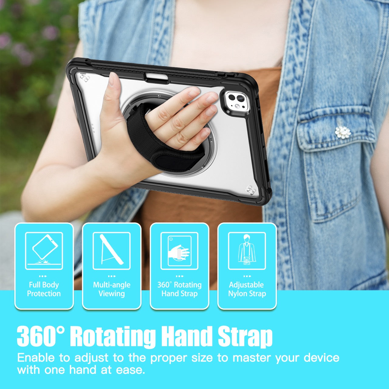 iPad Pro 11" Rugged Case (M5 2025 / M4 2024) - 360° Stand, Hand & Shoulder Strap - Shockproof - Black