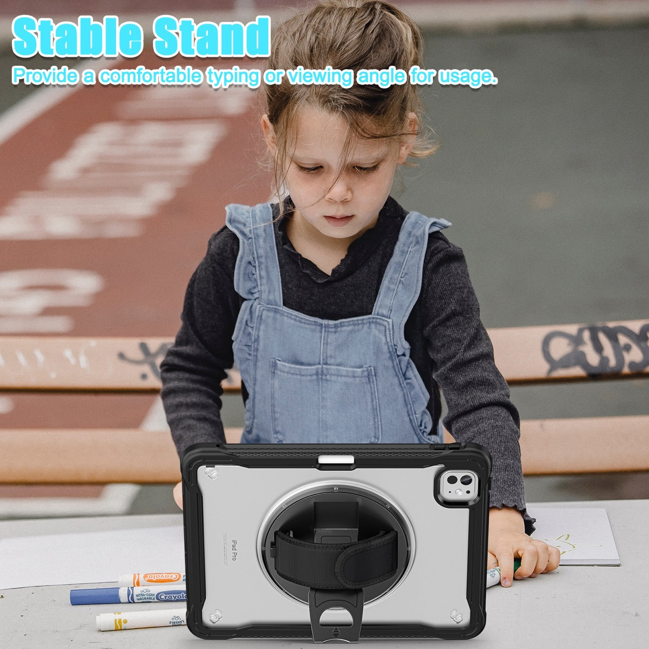 iPad Pro 11" Rugged Case (M5 2025 / M4 2024) - 360° Stand, Hand & Shoulder Strap - Shockproof - Black