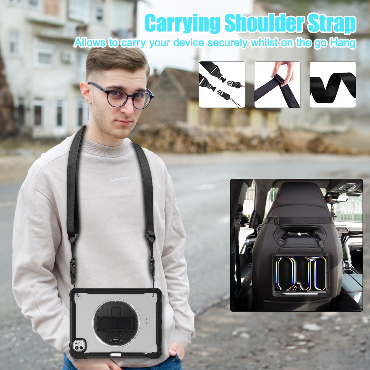 iPad Pro 11" Rugged Case (M5 2025 / M4 2024) - 360° Stand, Hand & Shoulder Strap - Shockproof - Black