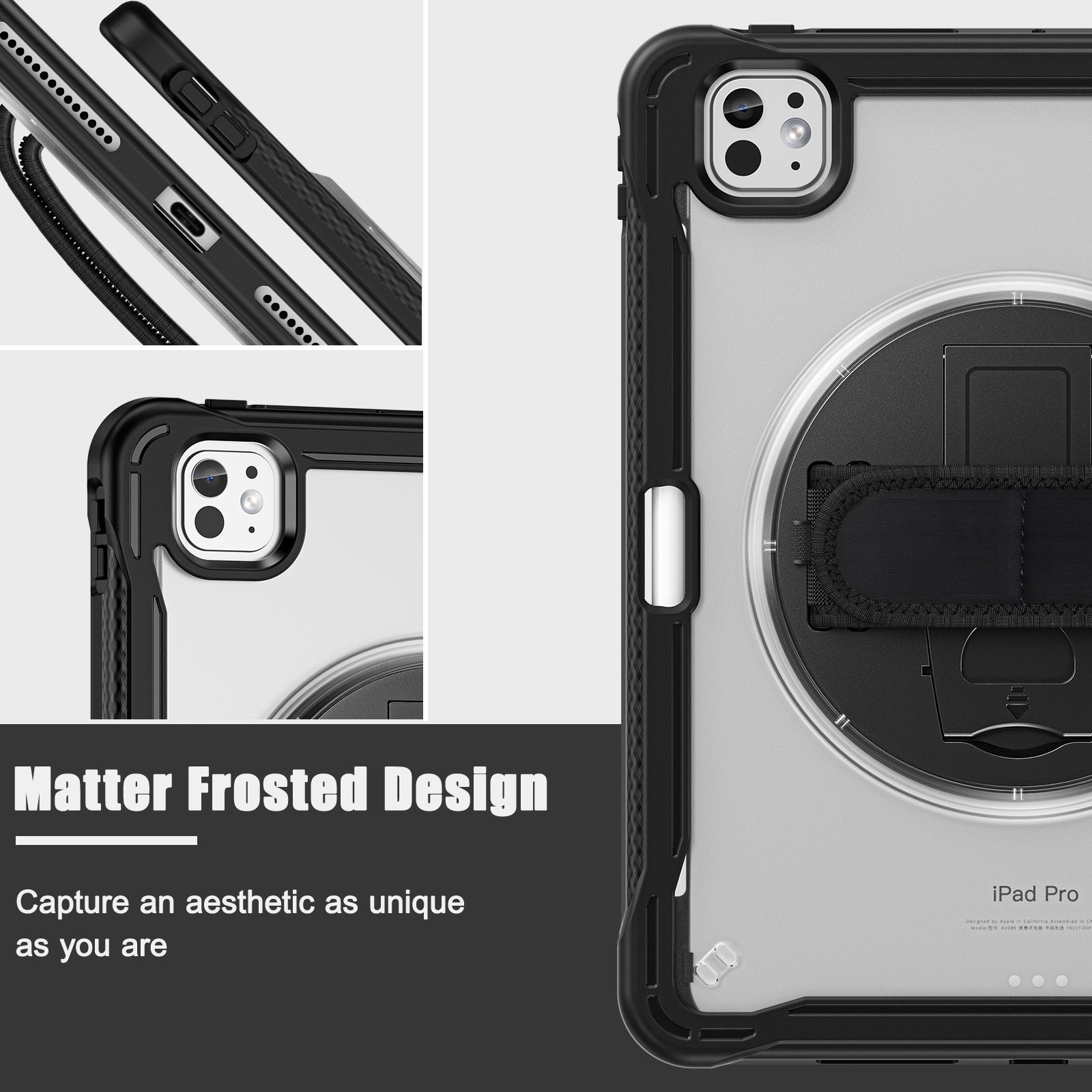 iPad Pro 11" Rugged Case (M5 2025 / M4 2024) - 360° Stand, Hand & Shoulder Strap - Shockproof - Black