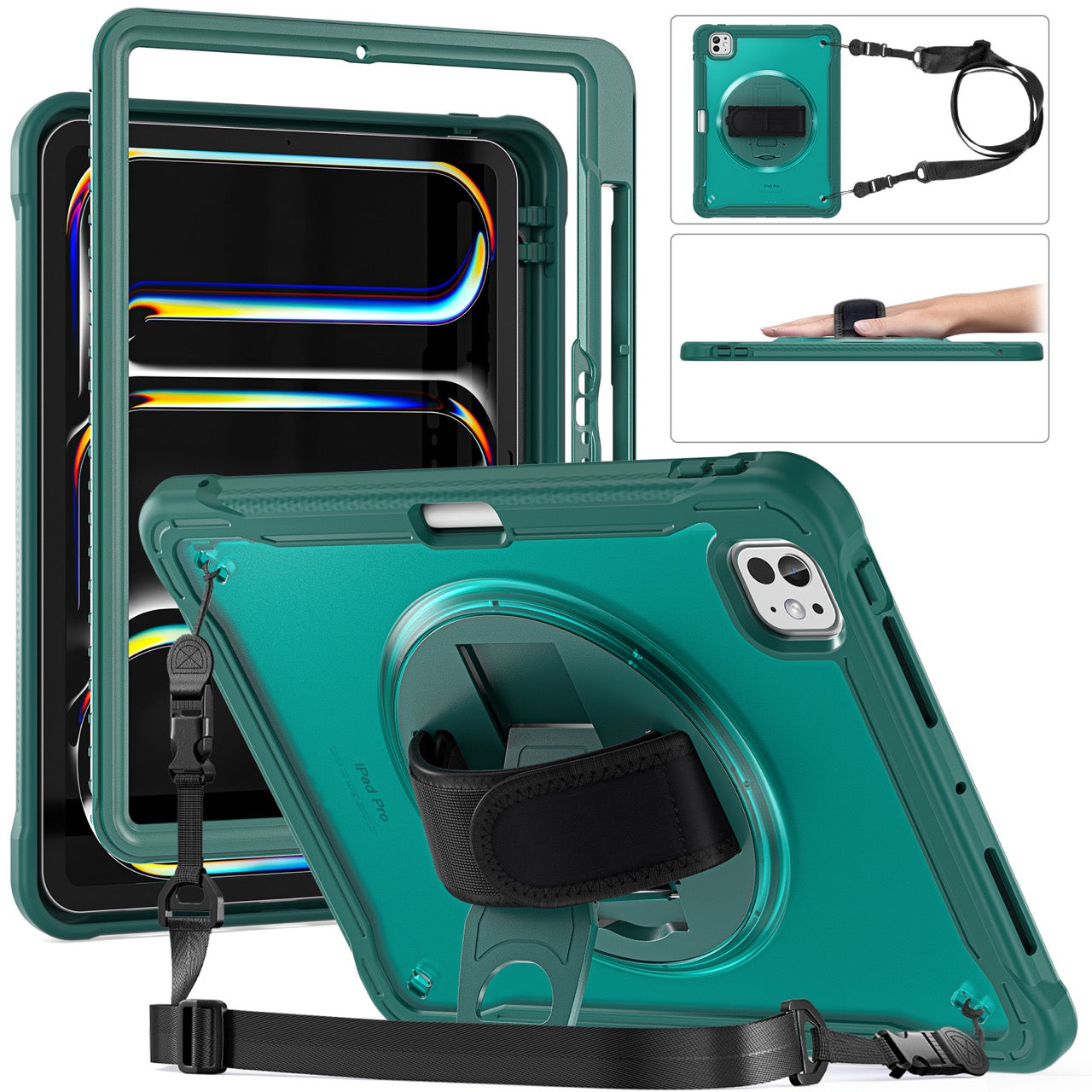 iPad Pro 11" Rugged Case (M5 2025 / M4 2024) - 360° Stand, Hand & Shoulder Strap - Shockproof - Green