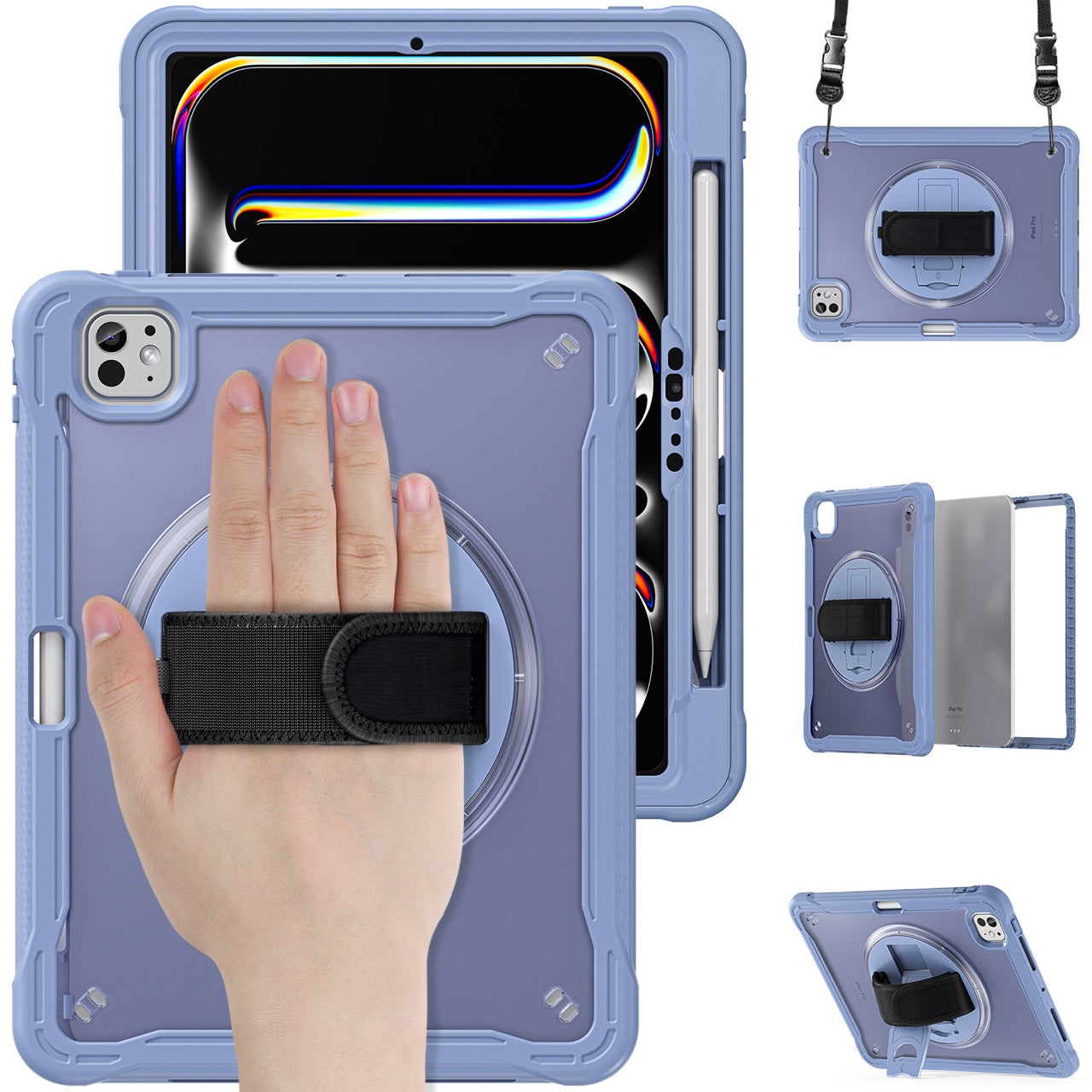 iPad Pro 11" Rugged Case (M5 2025 / M4 2024) - 360° Stand, Hand & Shoulder Strap - Shockproof - Lavender