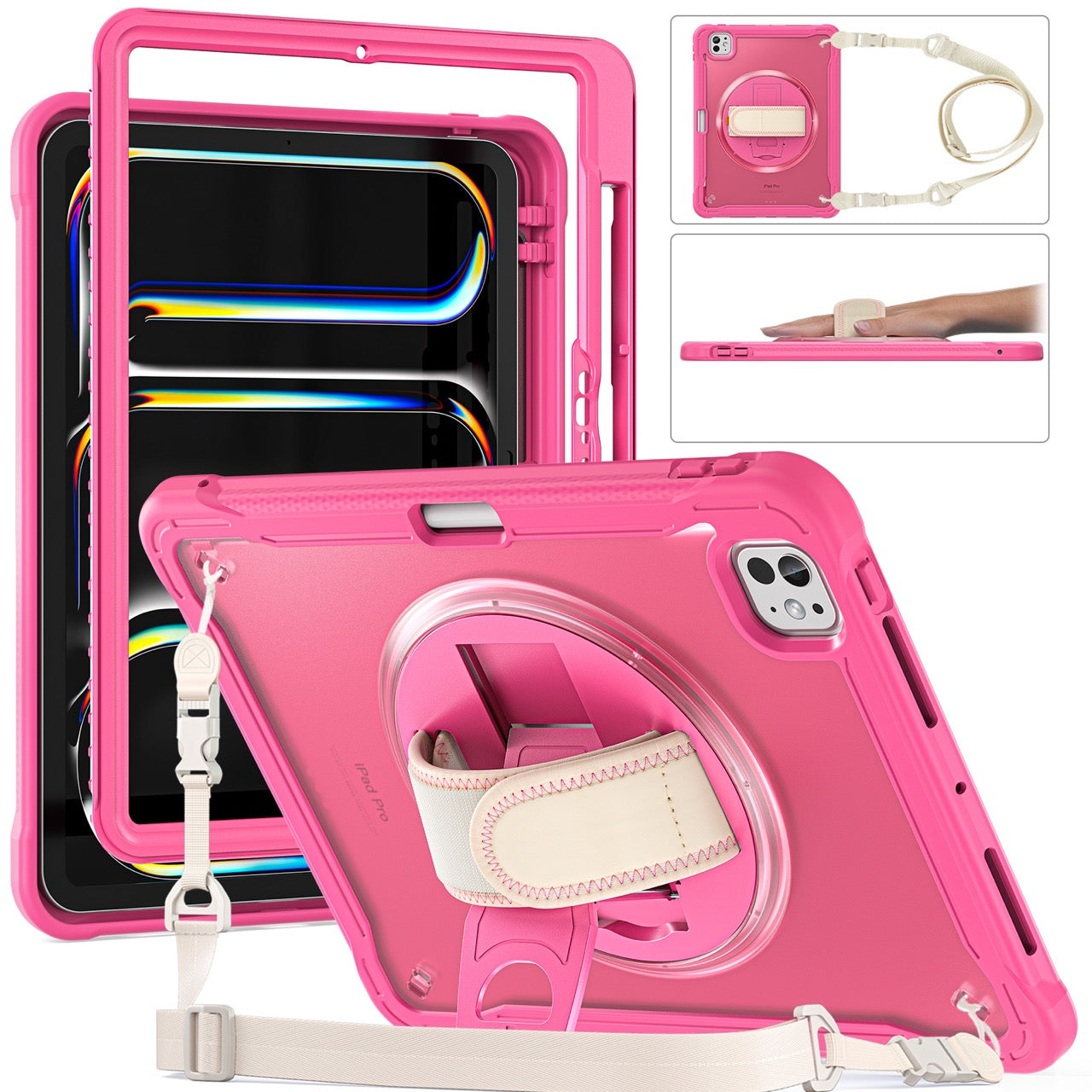 iPad Pro 11" Rugged Case (M5 2025 / M4 2024) - 360° Stand, Hand & Shoulder Strap - Shockproof - Rose