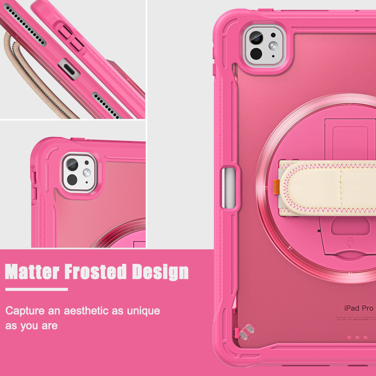 iPad Pro 11" Rugged Case (M5 2025 / M4 2024) - 360° Stand, Hand & Shoulder Strap - Shockproof - Rose