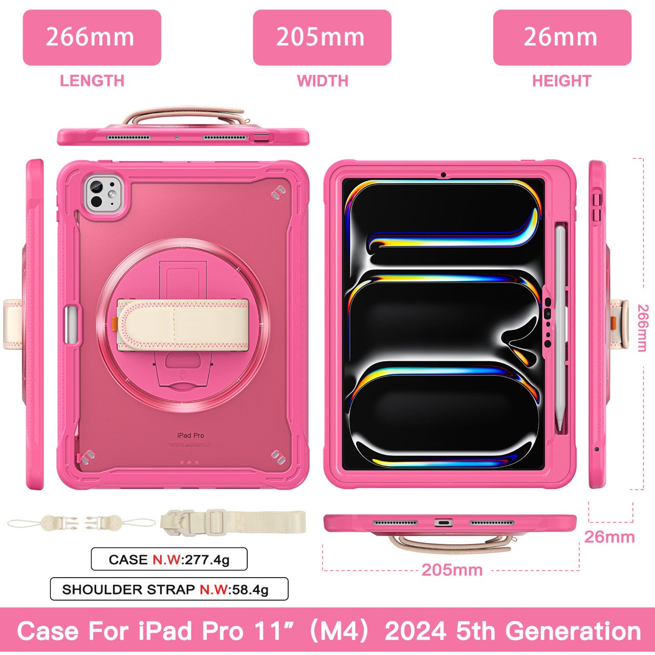 iPad Pro 11" Rugged Case (M5 2025 / M4 2024) - 360° Stand, Hand & Shoulder Strap - Shockproof - Rose