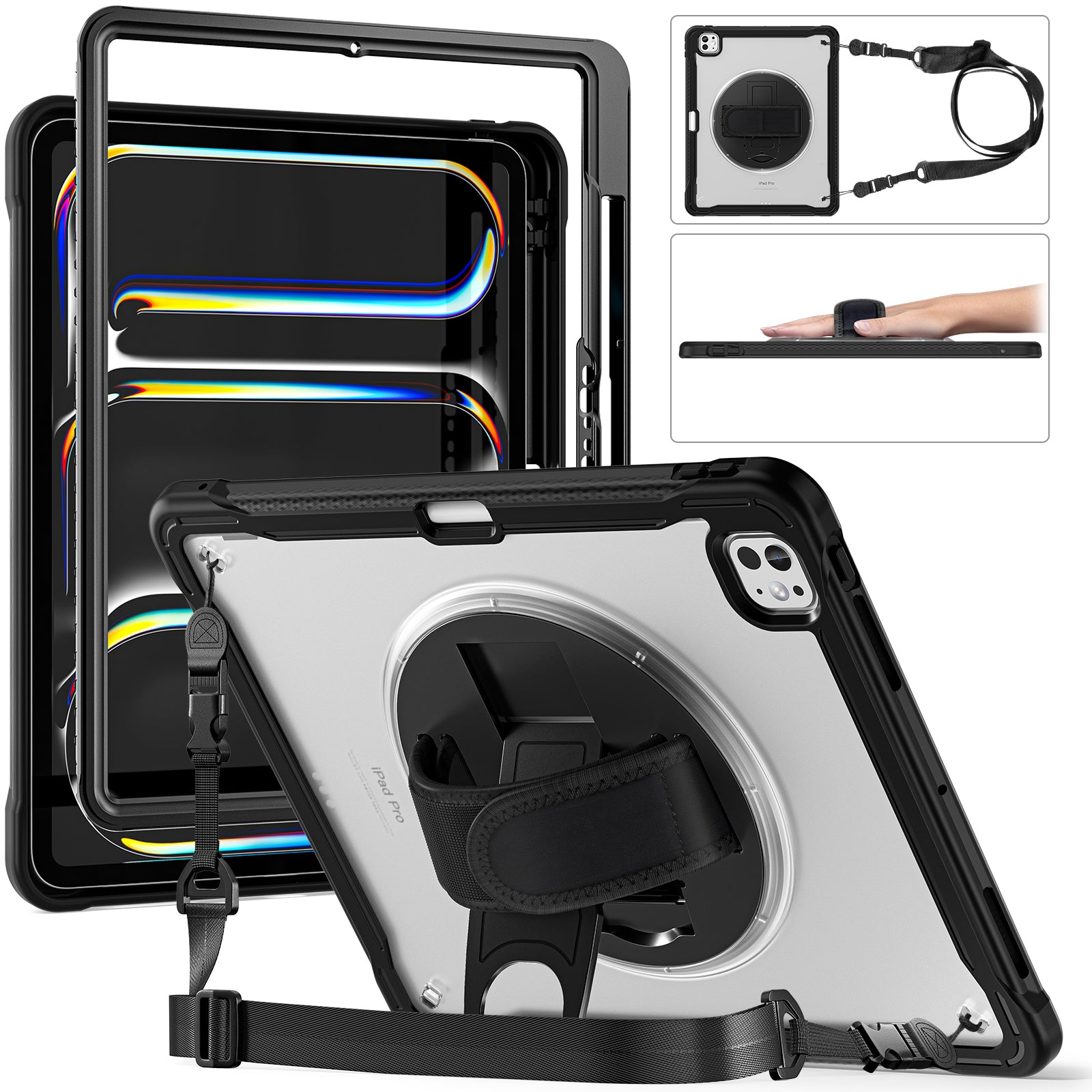 iPad Pro 13" Rugged Case (M5 2025 / M4 2024) - 360° Stand, Hand & Shoulder Strap - Shockproof - Black