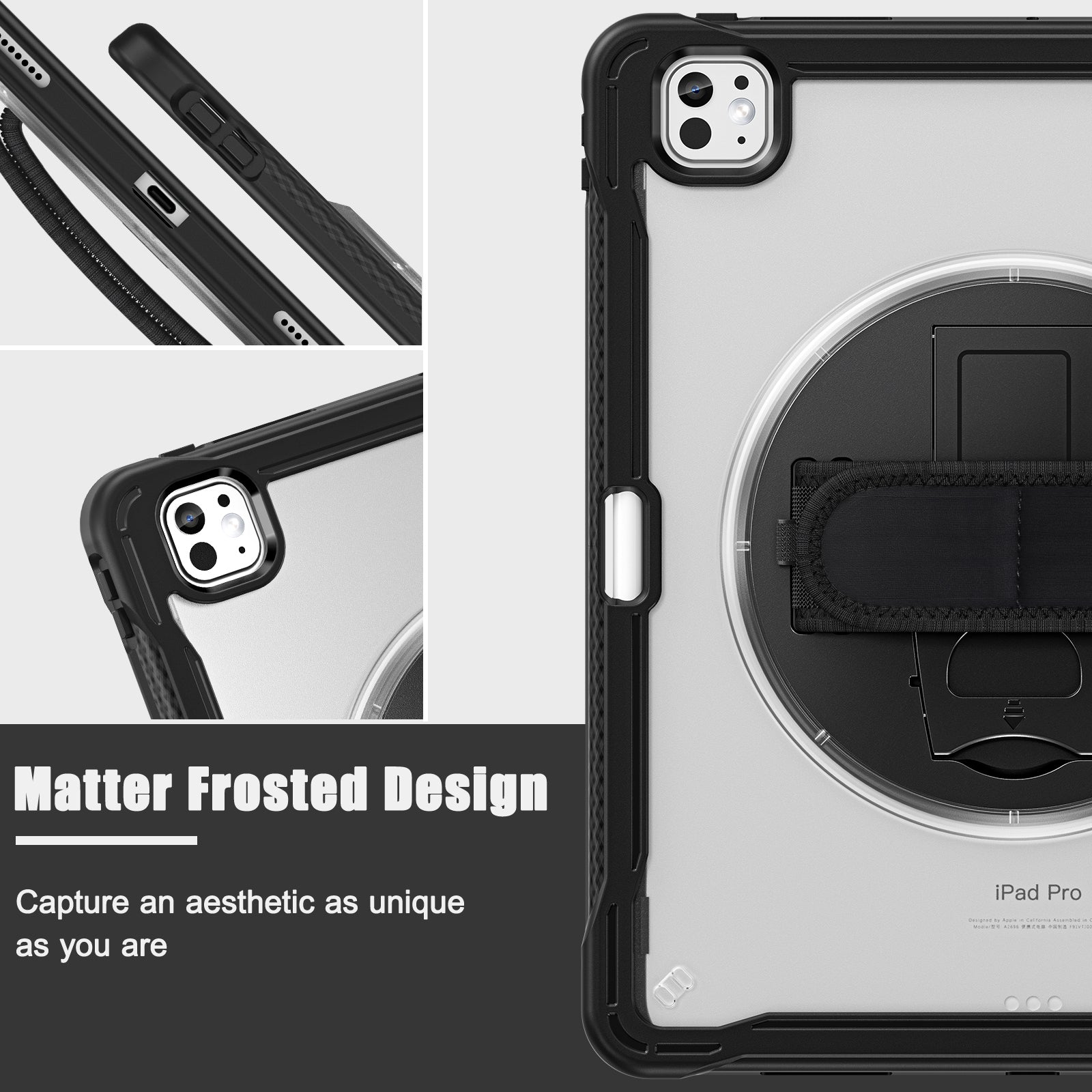 iPad Pro 13" Rugged Case (M5 2025 / M4 2024) - 360° Stand, Hand & Shoulder Strap - Shockproof - Black