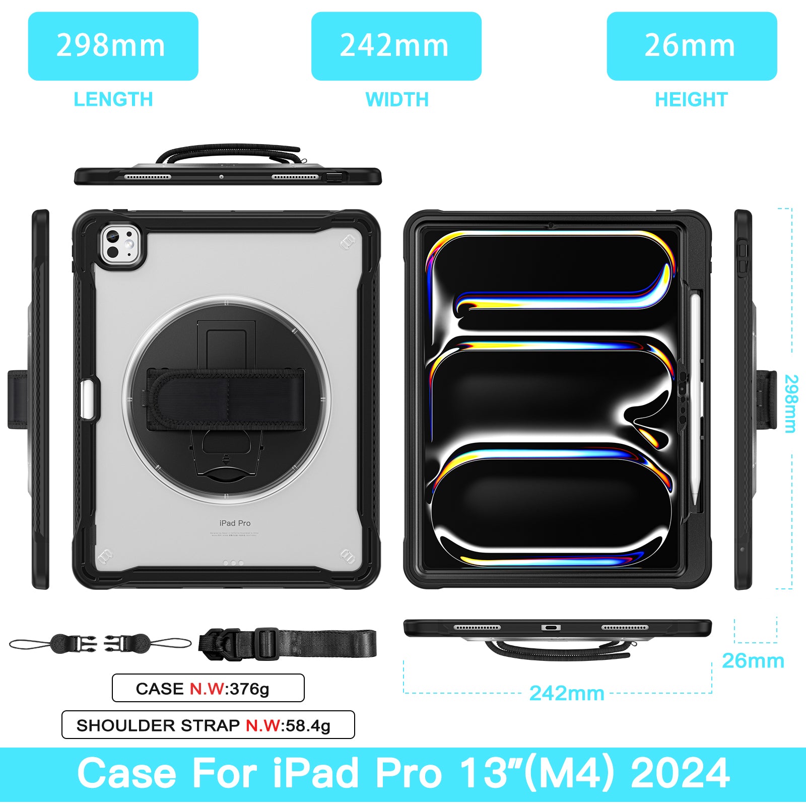 iPad Pro 13" Rugged Case (M5 2025 / M4 2024) - 360° Stand, Hand & Shoulder Strap - Shockproof - Black