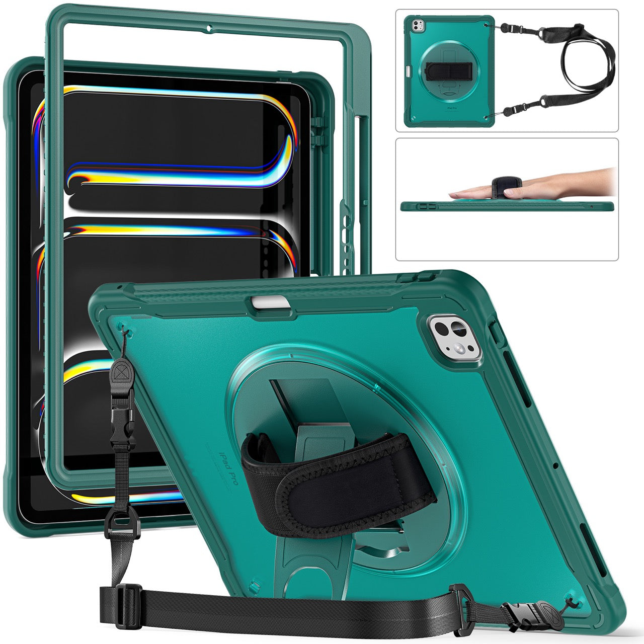iPad Pro 13" Rugged Case (M5 2025 / M4 2024) - 360° Stand, Hand & Shoulder Strap - Shockproof - Green