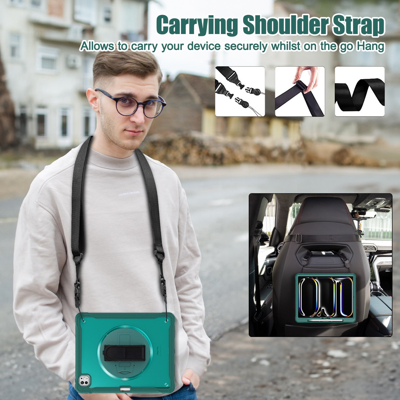 iPad Pro 13" Rugged Case (M5 2025 / M4 2024) - 360° Stand, Hand & Shoulder Strap - Shockproof - Green