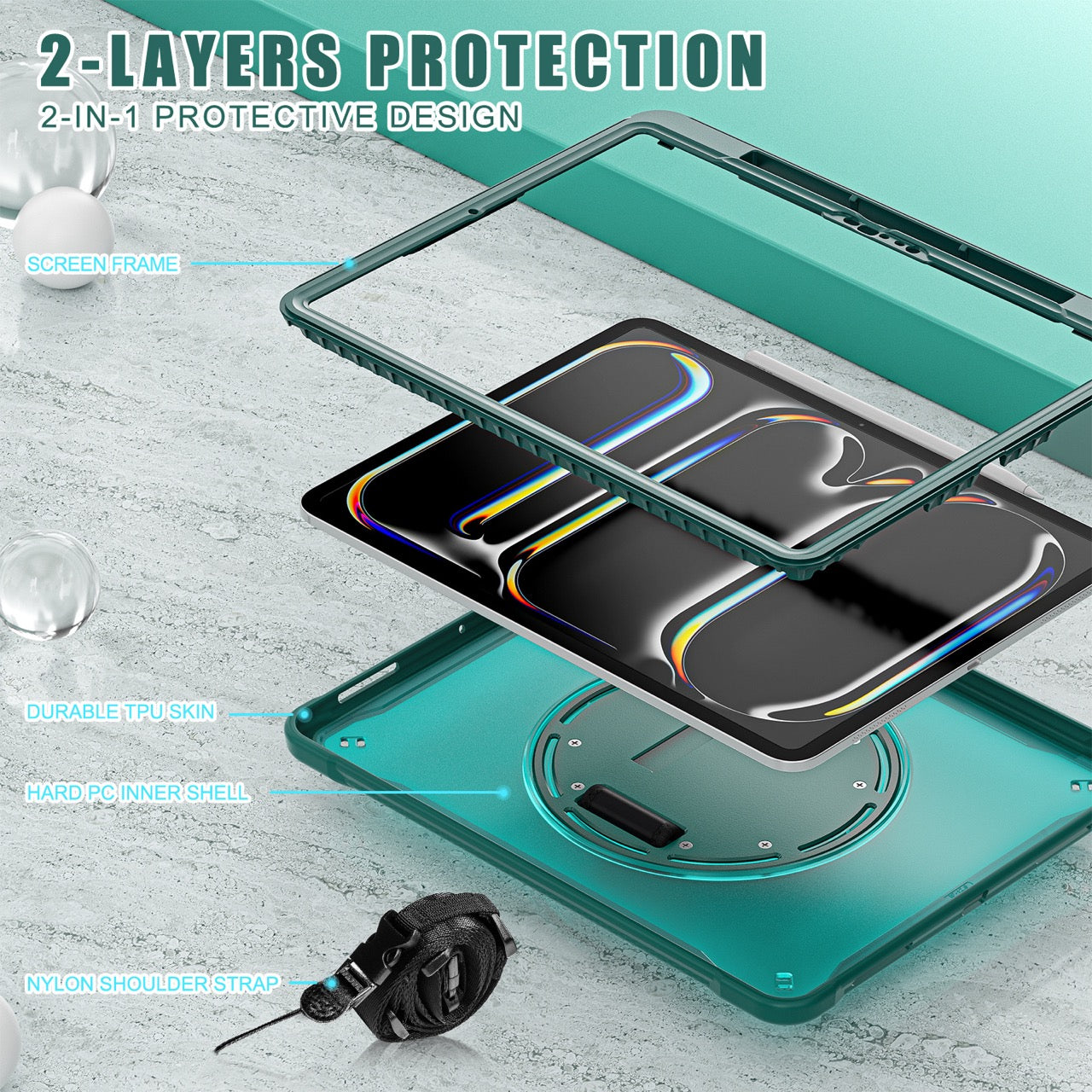 iPad Pro 13" Rugged Case (M5 2025 / M4 2024) - 360° Stand, Hand & Shoulder Strap - Shockproof - Green