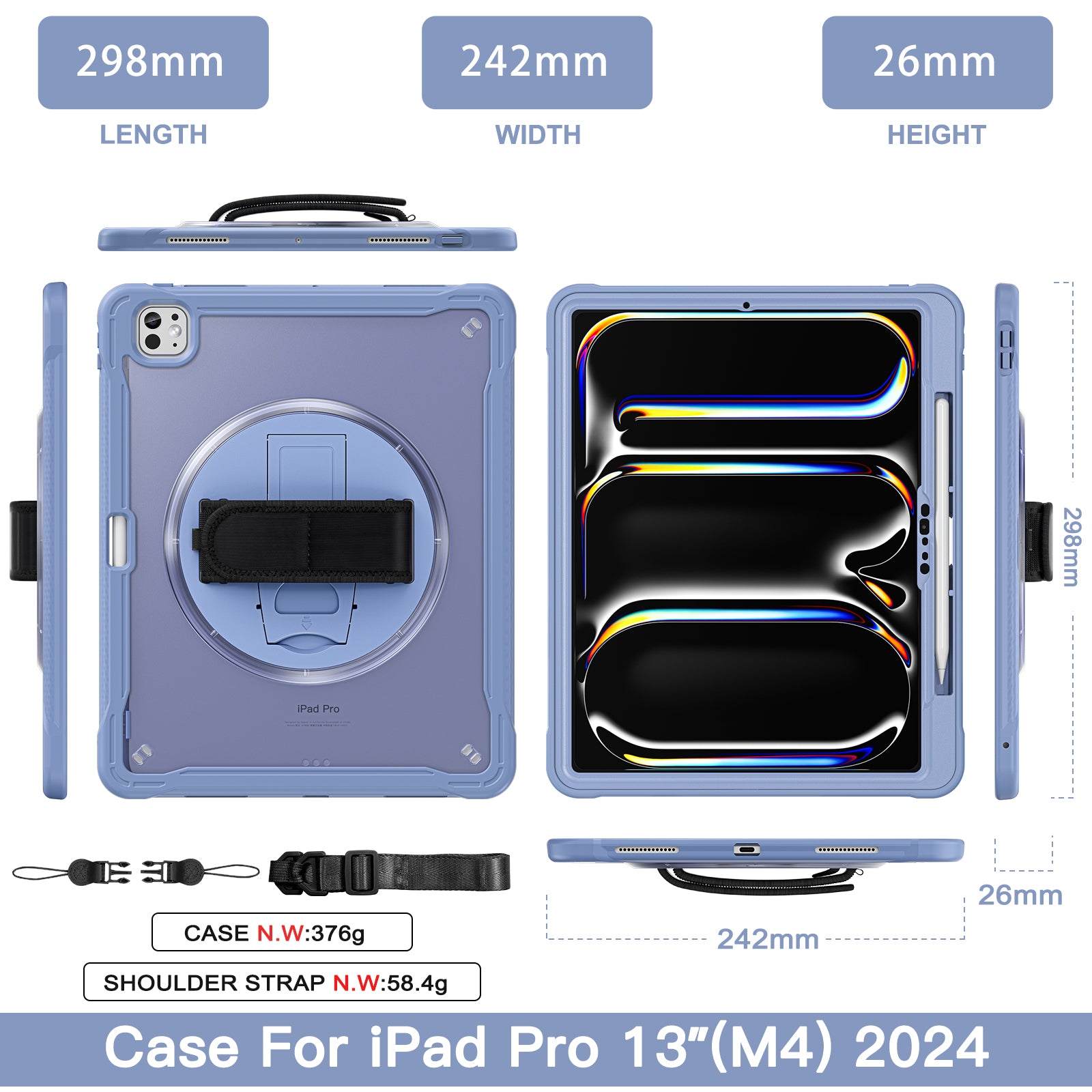 iPad Pro 13" Rugged Case (M5 2025 / M4 2024) - 360° Stand, Hand & Shoulder Strap - Shockproof - Lavender