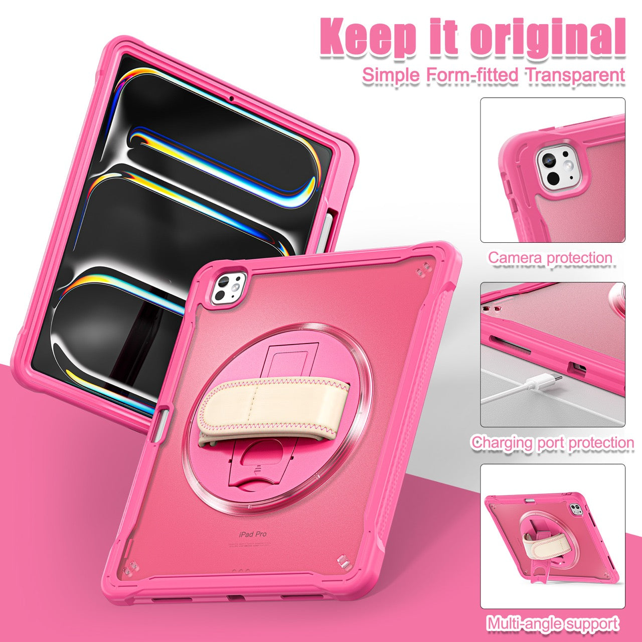 iPad Pro 13" Rugged Case (M5 2025 / M4 2024) - 360° Stand, Hand & Shoulder Strap - Shockproof - Rose