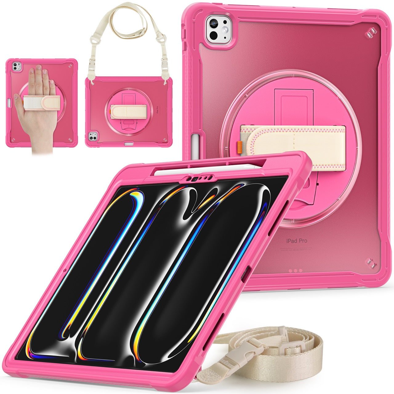 iPad Pro 13" Rugged Case (M5 2025 / M4 2024) - 360° Stand, Hand & Shoulder Strap - Shockproof - Rose