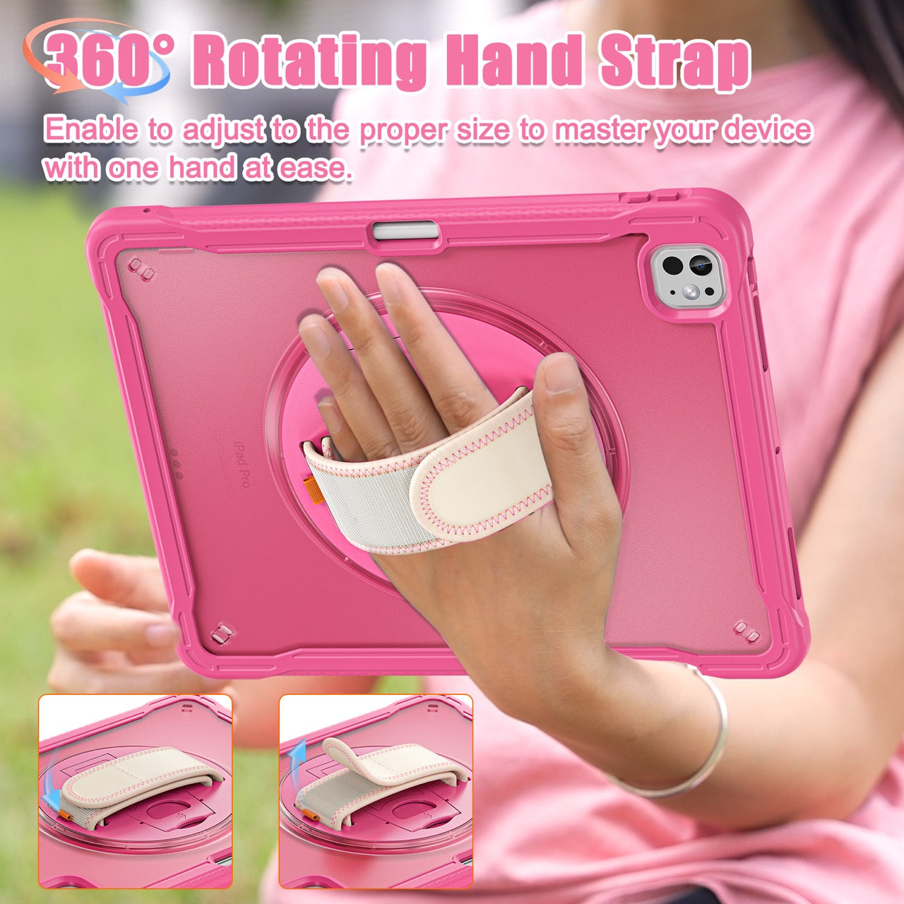 iPad Pro 13" Rugged Case (M5 2025 / M4 2024) - 360° Stand, Hand & Shoulder Strap - Shockproof - Rose